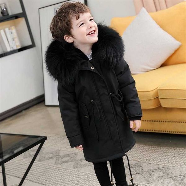 Chaquetas para niños, niñas, niños, cuello de piel grande, forro desmontable, abrigos, abrigo de conejo de imitación de invierno, ropa para padres e hijos 211027