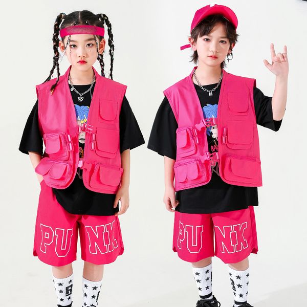 Enfants jazz dance moderne vêtements rave rave rose rouge vierge short hiphop costume pour filles hip hop dance performance wear dqs12818