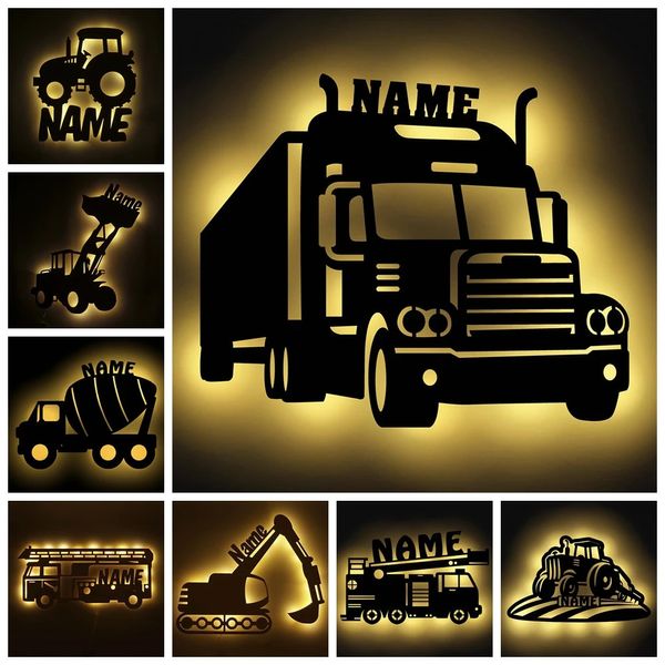 Enfants Enfants Bébé Veilleuse Chambre Décor Nom Personnalisé Ingénierie Voiture Véhicule/Tracteur/Camion De Pompiers Maison LED USB Applique Murale 231225