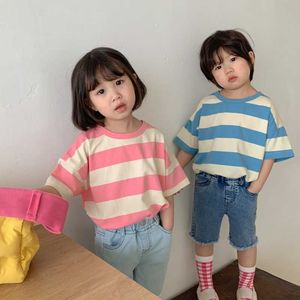 Niños estilo coreano verano rayas manga corta camisetas niños y niñas algodón suelto casual camisetas 210615