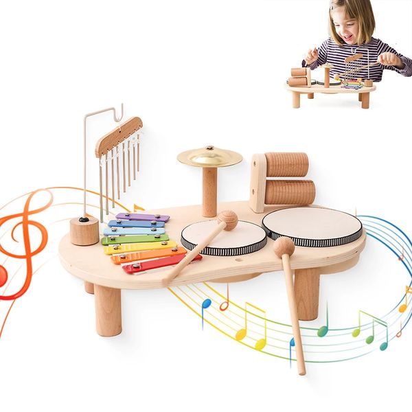Juguetes musicales para niños, kit de batería para niños, mesa musical, instrumentos de madera, campanas eólicas para bebés, sonajero Montessori educativo 240112
