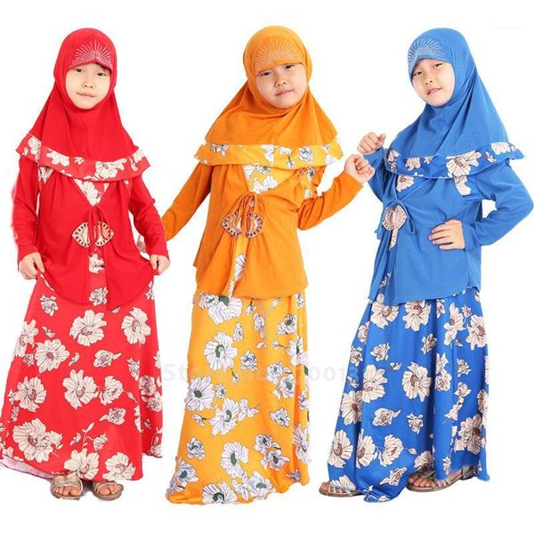 Ropa étnica Niños Musulmanes Abaya Dubai Medio Oriente Islámico Turco Imprimir Vestido de fiesta Hijab Niños Niñas Bufanda Kaftan Robe Jilbab1