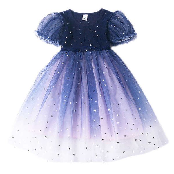 Niños azul marino lentejuelas vestido de fiesta para niños Puff manga tul princesa vestido fiesta verano moda traje ropa 210529