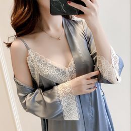 Enfants pyjamas, robe de robe en satin pour femmes ensembles de soie de nuit sexy avec robes en dentelle cami vêtements de sommeil Bridesmiad Wedding Kimonos