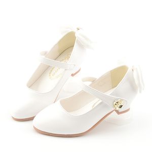 Zapatos de cuero de fiesta para niños niñas PU tacón bajo encaje pajarita niños para un solo vestido de baile zapato blanco rosa negro 220525