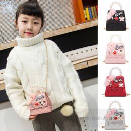 Enfants perles chaîne sacs à main filles en peluche chat fleur lettre lèvre applique un sac à bandoulière enfants dimaond treillis PU sacs de messager en cuir Z6078