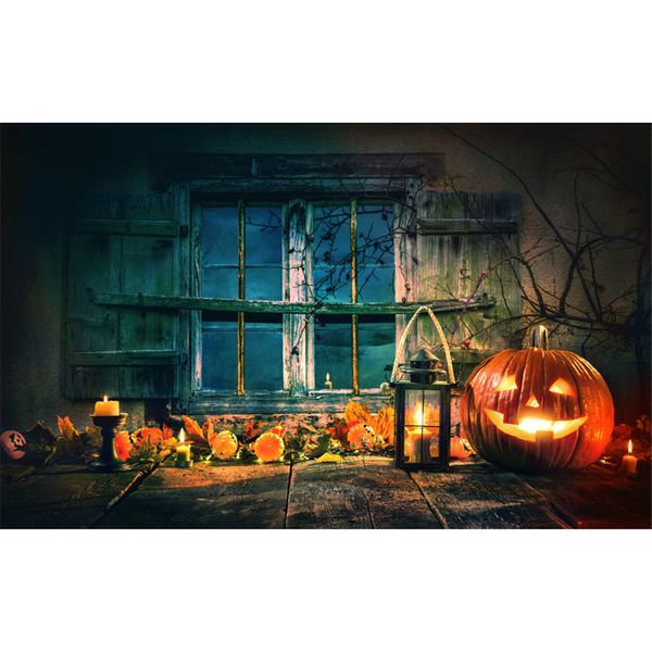 Fondos de fotografía para niños Linterna de calabaza de Halloween Retro Vintage Ventana de madera Ramas de árboles Fondos de estudio fotográfico para niños Piso de madera