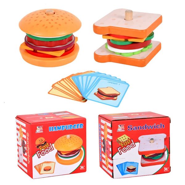 Les enfants font semblant de jouer à des jouets de cuisine hamburger sable simulation aliments assorties de matchs montessori empilement en bois éducatif 240407