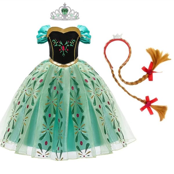 Enfants Costume de princesse Green Party Anna Fancy Dishot Christmas Girl Fille Disque de carnaval Disquage Broidé Rabille 240415