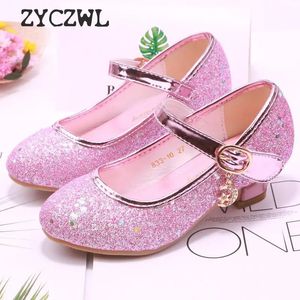 Kinderprinsesschoenen Student Dance Shoes For Girls High Heel Sandalen Dress Purple Kids Lederen Glitter Crystal Shoes Banquet 240410