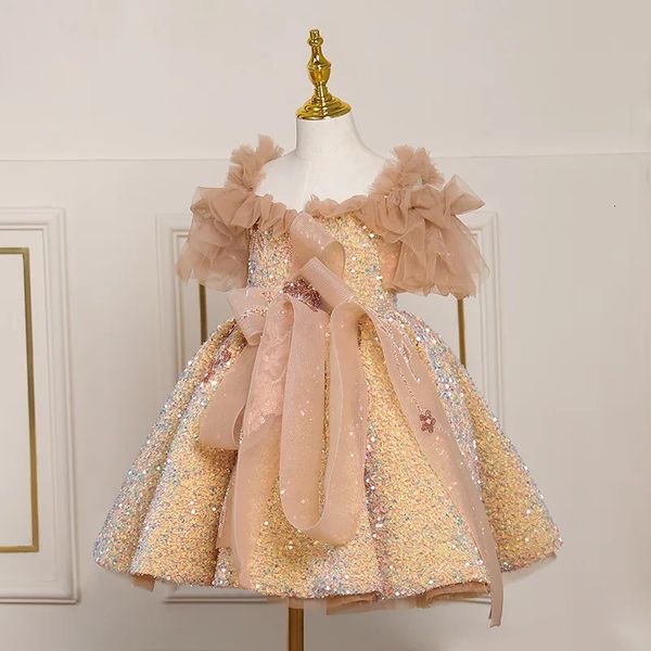 Vestido de graduación para niños Chictulle Off the Throwing Gold Sequined Princess Vestidos para niñas Fiesta de la fiesta Disfraz de la fiesta Gown2023 231221