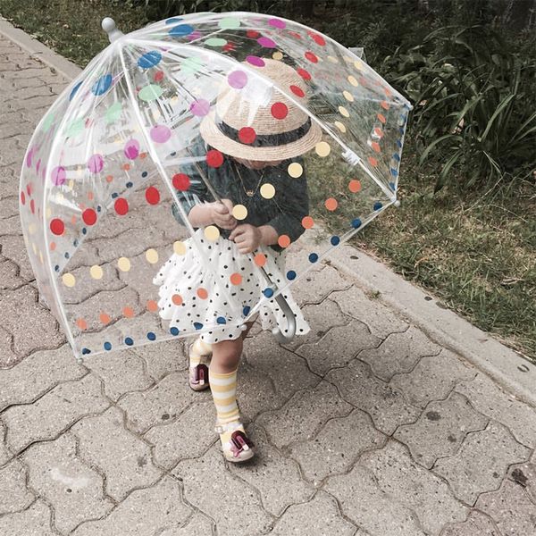 Niños Rain Gear Pagoda Paraguas transparente Mango largo Pico recto Coche de dibujos animados coloridos lunares sonrisa impresa Sun Umbrella 761 V2