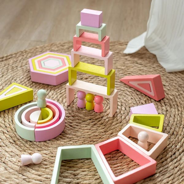 Niños Bloques Rainbow Jugues de madera Montessori Formas geométricas Piedras apiladas Balance Juego de equilibrio Número Aprendizaje Juguetes educativos