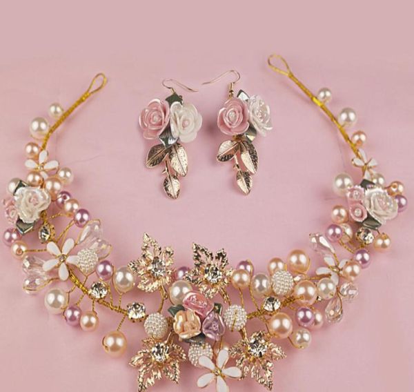 Corona de flores de perlas de diamantes de imitación para niños, pétalos de cristal de aleación de zinc, guirnaldas de boda, joyería con pendientes, accesorios para el cabello para niñas grandes 1453086