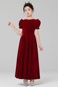 Robe de concours de beauté pour enfants, robe de spectacle de piano, rouge vin, robe de princesse pour petite fille, à fleurs, hôte de mariage