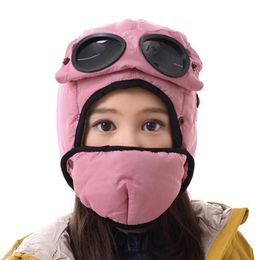 Chapeau de bombardier pour enfants avec velours pour garder au chaud l'hiver pour les enfants Chapeau de capuche d'oreille imperméable avec lunettes Masque Cool Balaclava305z