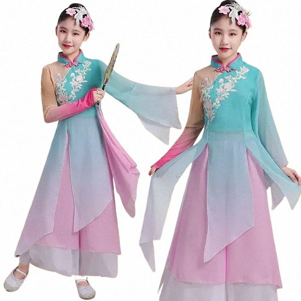 Vêtements de danse classique pour enfants Vêtements de danse en éventail chinois Vêtements de danse pour filles Mouchoir Yangge Vêtements de performance h3Yp #