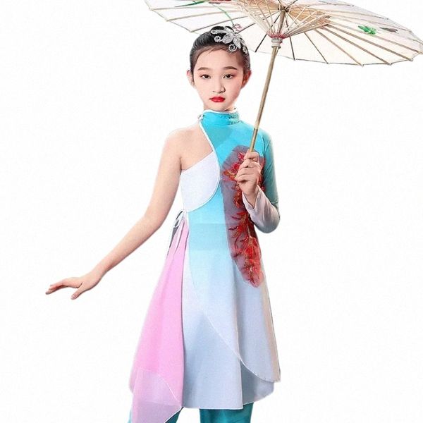 Trajes de danza clásica Yangko para niños Hada Elegante bordado Abanico Paraguas Danza Niñas Chino antiguo Hanfu Dancewear h1IU #