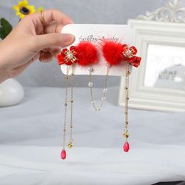 Pince à cheveux pour enfants, nœud rouge, pompon, fleur féminine, carte de cheveux du nouvel an, bijoux célébrant le Style chinois