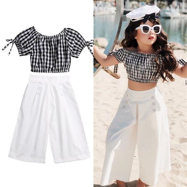 Ropa para niños Chica de estilo de lino de manga corta a cuadros + pantalones de pierna ancha blanca Dos piezas Set de niña Bebé Moda traje estilo fresco estilo bebé