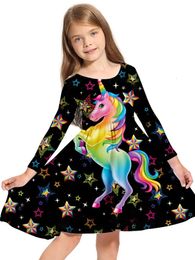 Vêtements pour enfants robe à manches longues grande jupe pivotante col rond licorne 231228