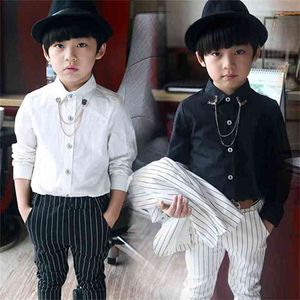 Kinderkleding Lente Lange Mouw voor Kinderen Shirt Mode Boy Baby Wit All-match Zwart Casual 210713