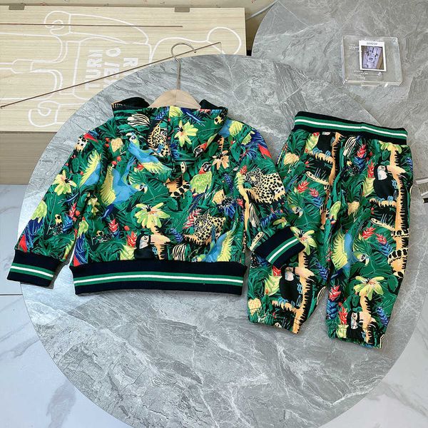 Estilo de ropa para niños, traje para niños, patrón de diseño de planta de jungla tropical, Sudadera con capucha, chaqueta con cremallera, pantalones, conjunto de dos piezas