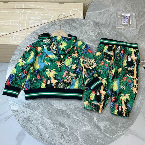 Costume de style vêtements pour enfants, costume pour garçons, motif de plante de la jungle tropicale, sweat à capuche, veste à fermeture éclair, pantalon, ensemble deux pièces