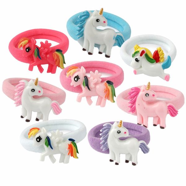 Estampado en color para niños Pintado a mano Dibujos animados lindos Unicornio Cuerda para el cabello Scrunchie Chica Cintas para el cabello de goma de nylon Accesorios para el cabello para bebés Concesiones de precios directos de fábrica