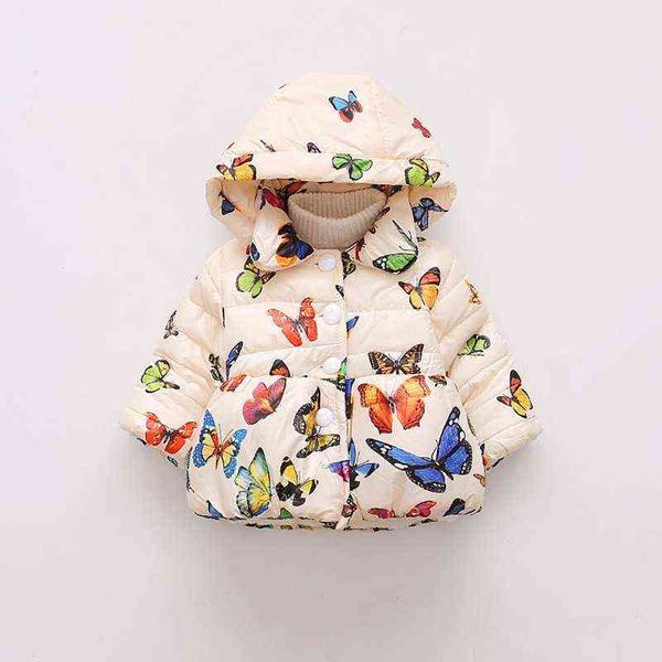 Ropa de algodón para niños Engrosamiento de invierno Niñas Estampado de mariposa Chaqueta con capucha Forro polar Cálido Ropa para niños Abrigos infantiles J220718