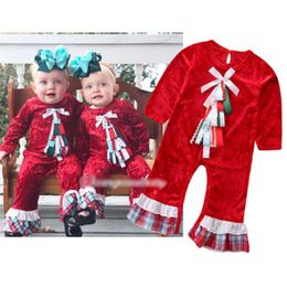 Kinderontwerper kleding ins rode lange mouwen ruche boog kerst rompertjes jumpsuits lente herfst baby meisje kleding M072