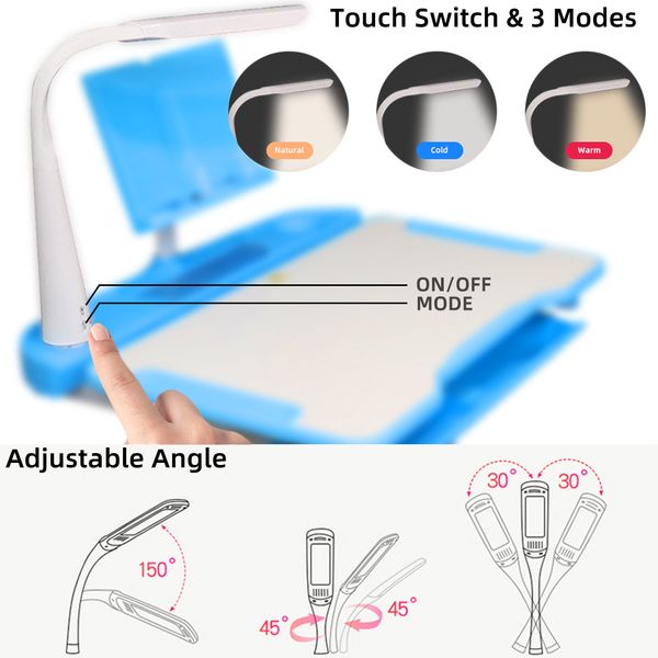 Bureau et chaise pour enfants avec bureau inclinable, lumière LED et tiroir pour enfants