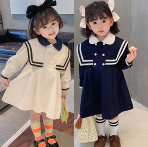 Kinderjurk College Stijl Doll Kraag Lange Mouwen Meisje Spring Kleding voor 3-7 jaar oud 210515