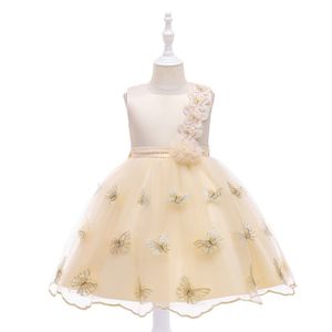 Robe pour enfants élégants fleurs filles robes sans manches appliques en dentelle perle jacquard brodered arc princesse billes