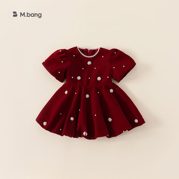 Vestido infantil Vestido de otoño para niña Vestido rojo perla Vestido de princesa infantil