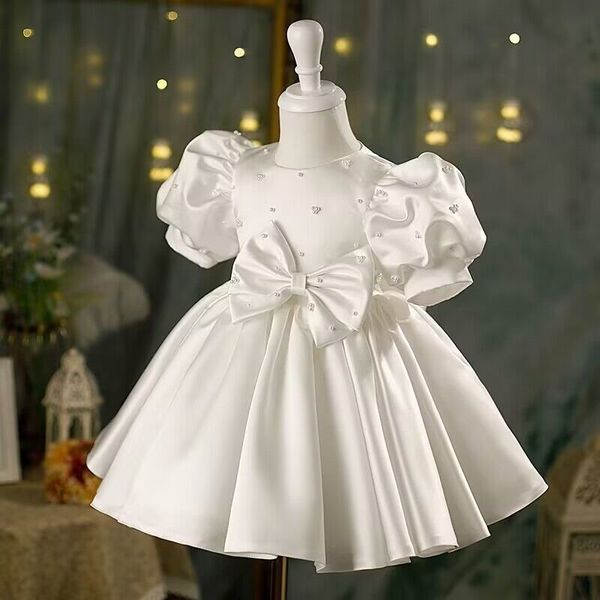 Robes pour enfants, mariages de femmes, premier anniversaire de la demoiselle d'honneur, performance au piano, séance photo, petite robe, jupe moelleuse, blanc.
