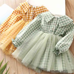 Enfants élégants 3-8 10 12 ans à manches longues princesse plaid maille patchwork enfants bébé filles dentelle printemps automne robes 210625