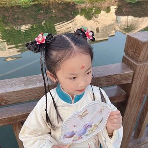 Couvre-chef Hanfu pour enfants, accessoires de cheveux de Style chinois, perruque tressée avec pompon pour petite fille, Clip ancien pour bébé