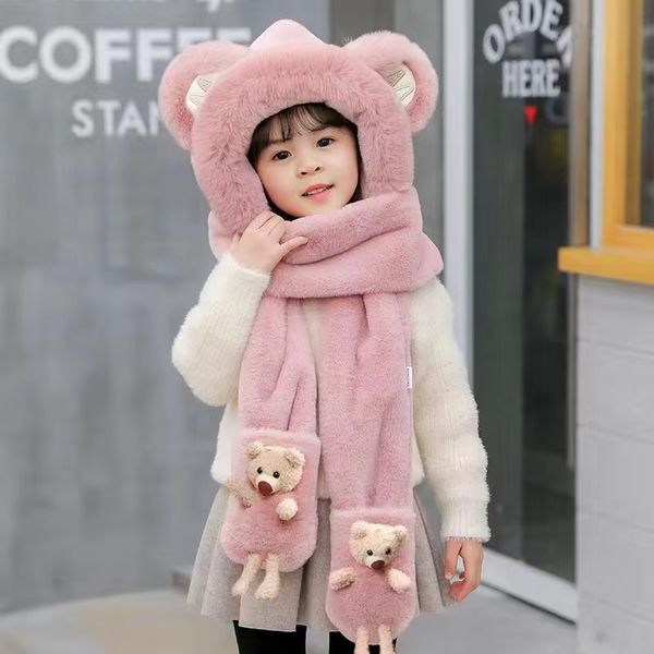 Chapeau d'hiver pour enfants, garçons et filles, mignon, protection des oreilles, chapeau, écharpe, gants intégrés, style ours, pull pour bébé