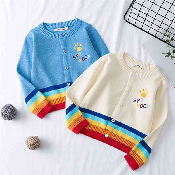 Suéter de punto para niños Chaqueta para niños Niños Cardigan de punto Arco iris Abrigo de bordado a rayas Otoño Infantil Niñas Ropa de niño 210521