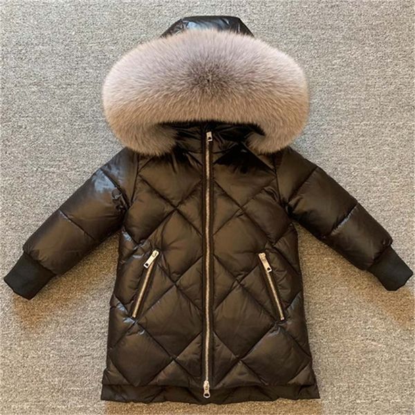 Doudoune longue pour enfants fille vers le bas manteau épais col en fourrure de renard naturel grand 2-12 ans LJ201017