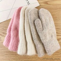 Manoplas para niños 1 par de guantes de pelo de conejo de doble capa versión femenina de invierno de color sólido todos los dedos guantes de invierno para mujer mitones para niñas