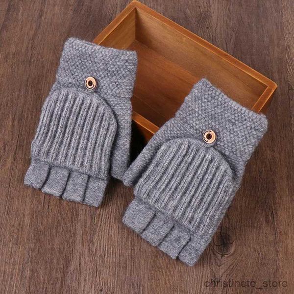 Mitaines pour enfants Hommes Cyclisme en plein air Demi-doigt Flip Laine Tricoté Gants chauds Étudiants d'hiver Écrivant Mitaines de conduite à écran tactile sans doigts R231128