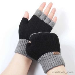 Mitaines pour enfants hommes laine demi doigt chaud tricot gant hiver plus épais élastique sans doigts écran tactile en plein air cyclisme conduite mitaines