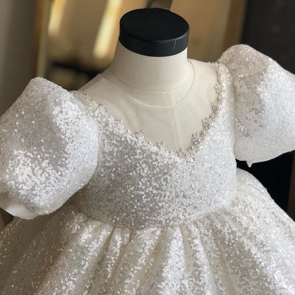 Robe de princesse pour enfants paillettes blanches nœud O cou magnifique fleur filles robes de bal fête de mariage bébé fille robes