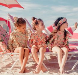 Bikini de dos piezas estampado para niños, traje de baño de manga larga con protección solar para niñas, ropa de baño de secado rápido para niños, 6 estilos