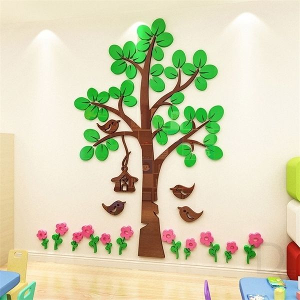 Chambre d'enfants fleur et oiseau grand arbre autocollant mural 3D stéréo maternelle dessin animé décoration murale culture de classe T200421