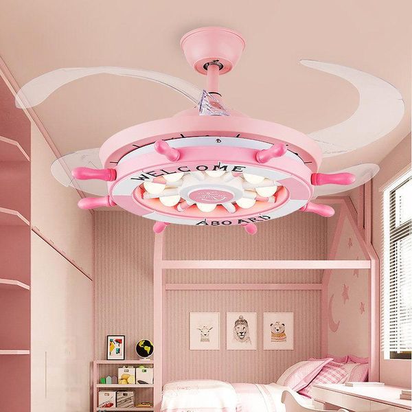 Chambre d'enfant Lampe Chambre Lumière Garçon Fille Ventilateur Lustre Dessin Animé Nordique Rose Bleu Électrique Muet Led Invis Ventilateurs De Plafond