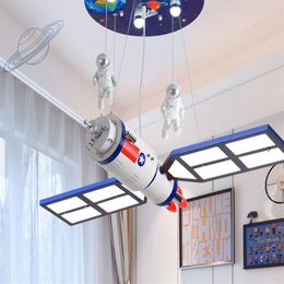 Chambre d'enfants espace satellite led lustre télécommande luminaire pour enfants chambre pépinière dessin animé suspendu lamp222v