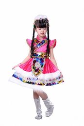 Vêtements de performance de danse pour enfants des minorités pour enfants Vêtements tibétains Vêtements tibétains Manches Filles Mgolian 62g0 #